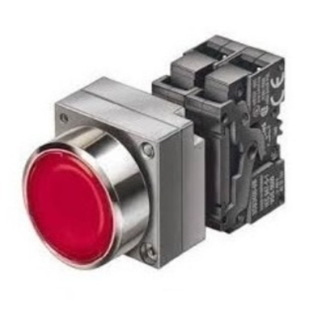 PULSADOR LUMINOSO, 22MM, REDONDA, METAL, ROJO, BOTÓN, RASANTE, CON SOPORTE, 1NC, PORTALÁMPARAS, CON LED INTEGRADO AC 110V, BORNES DE TORNILLO